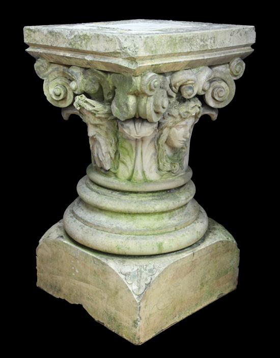 A pair of late Victorian composition stone capitals, W.1ft 10in. D.1ft 10in. H.3ft 3in.